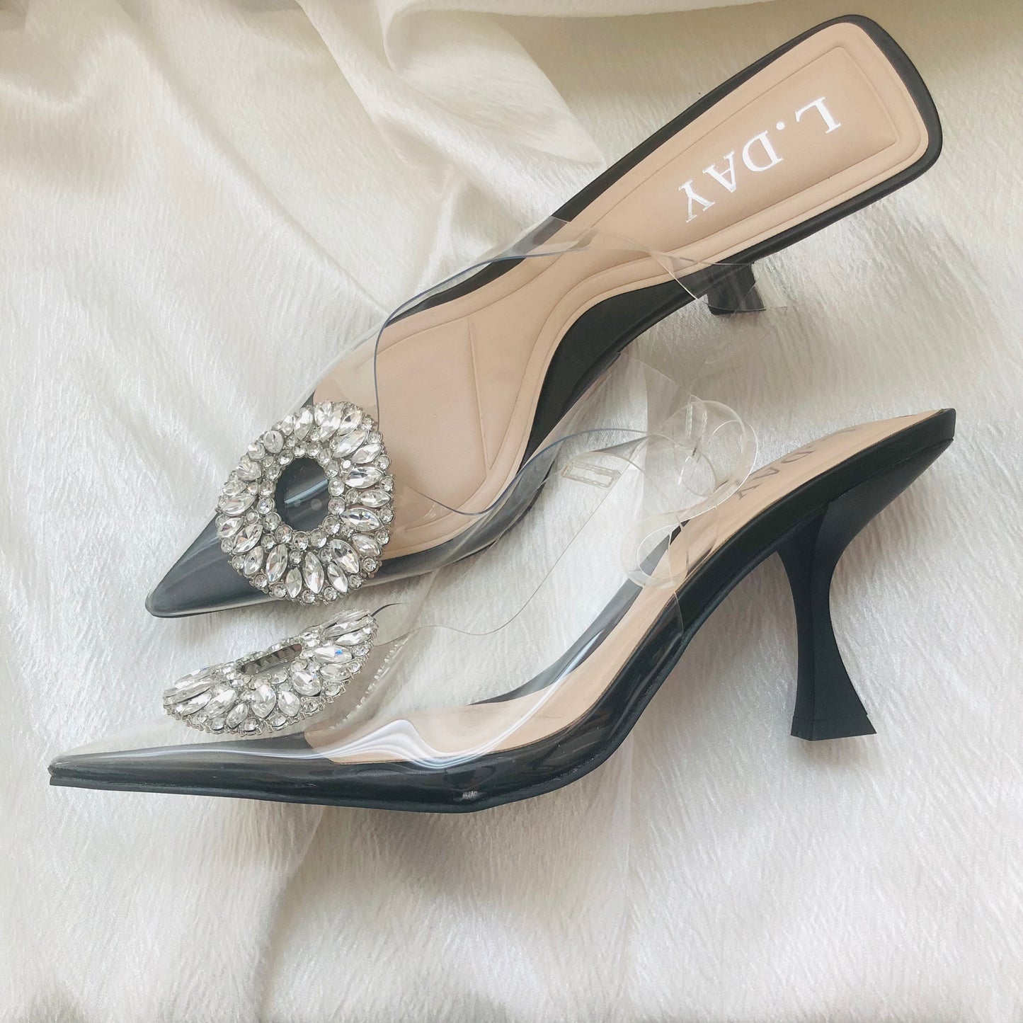 Chaussures Escarpins Noirs Transparents Bijou Strass