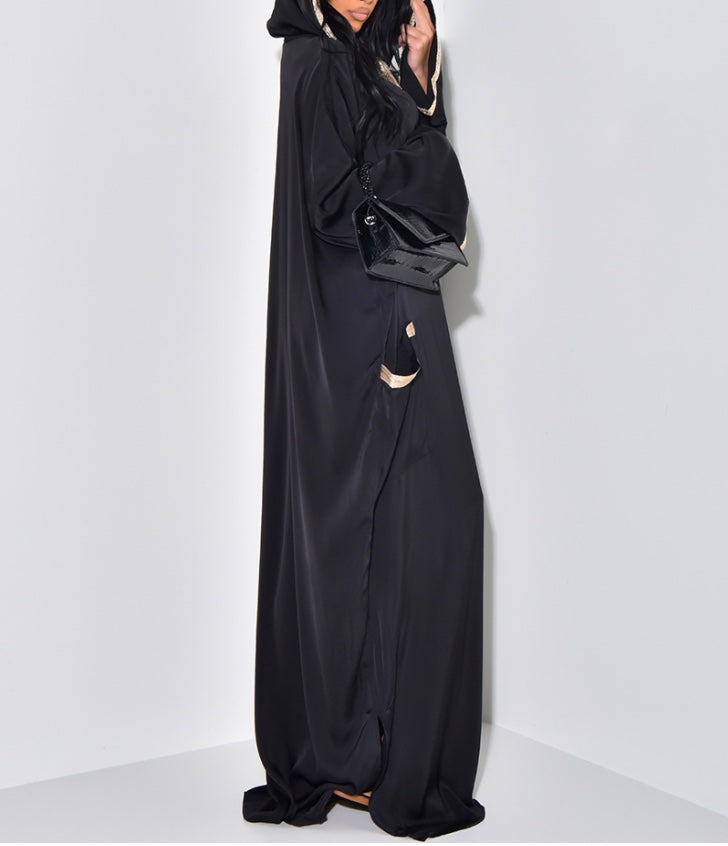 Djellaba Oversize Capuche Poches Broderie Dorée